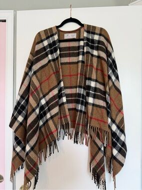 Fringed Plaid Wrap Cape in Camel, Black & Ivory from Oxford, England